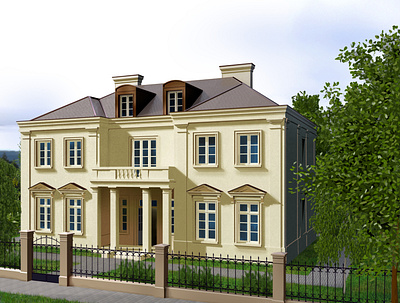 Neoclassical manor architecture design digital painting illustration traditional visualization