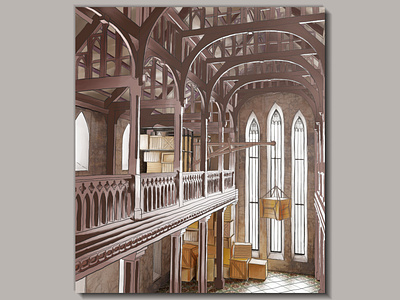 Neo-Gothic Warehouse concept design digital painting illustration interior design visualization