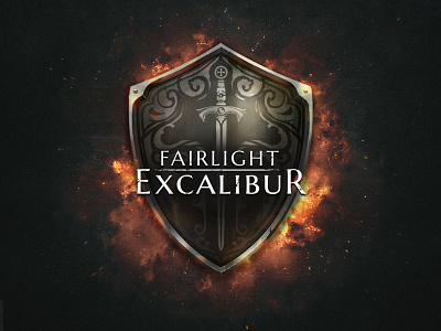 Fairlight Excalibur dark fantasy fire gritty logo media logo shield sword twitch logo