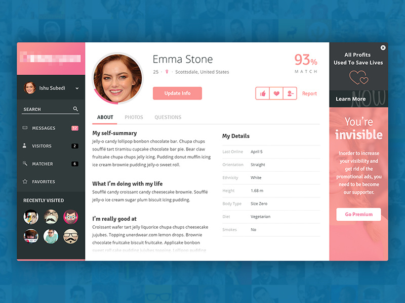 Profile page of a dating app by Subash Dharel on Dribbble