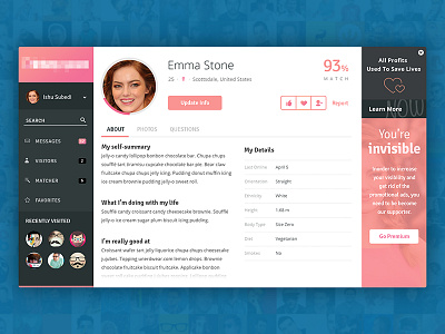 Profile page of a dating app admin ui bootstrap dashboard dating menu profile profile page sidebar social network web app website