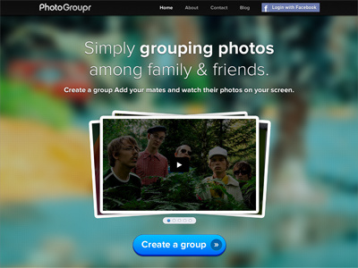 PhotoGroupr's new homepage Draft app blue interface landing page photo site splash template ui video