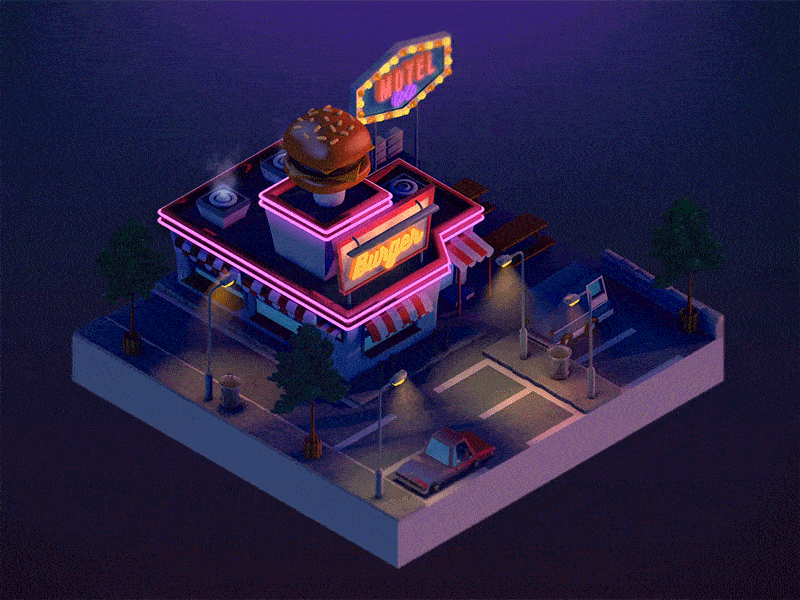 Isometric America : Burger Dinner place 3d animation 3d art 3d artist 70s aftereffects animation burger c4d cinema4d dinner dribbble best shot dribble dribbleartist fastfood isometric isometry lowpoly motion design neon light restaurant