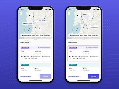 Route recommendation cards app card design commuters design graphics map product design route tags ticket booking train travel app typography ui ux visual design