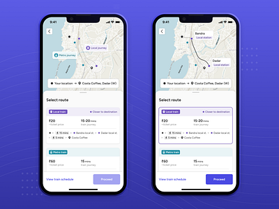 Route recommendation cards app card design commuters design graphics map product design route tags ticket booking train travel app typography ui ux visual design