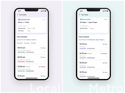 Local and metro train tickets app card design commuters design journey list item local train metro train product design ticket booking ticket design train journey train timings travel app travelling ui ux uxui visual design