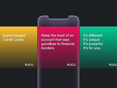 ROCO Social Branding branding credit cards dark design fintech flat graident minimal social ui ux web
