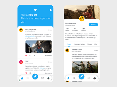 Twitter App Redesign adobe xd app app design beautiful blue clean homepage interface layout minimal modern navigation prototype redesign simple twitter ui user interface vector xd