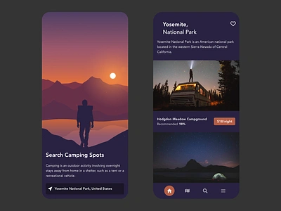 Camping Spots adobe xd adventure app app design beautiful camping clean dark design minimal national park nature night nomad prototype sleep sleepy ui xd yosemite