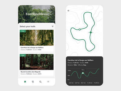 Fontainebleau Forest Trails adobe xd app app design beautiful clean design forest free green hike hiker hiking map minimal nature prototype trail trail running trails ui