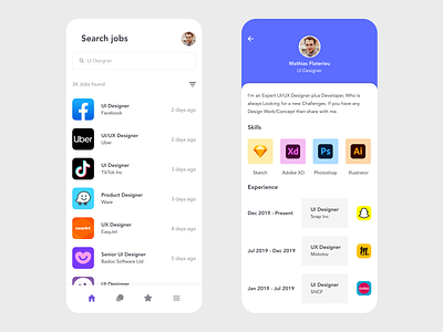 Job Board adobe xd app app design clean design experience free job job application job board job listing jobs minimal prototype redesign resume resume cv resume template skills ui