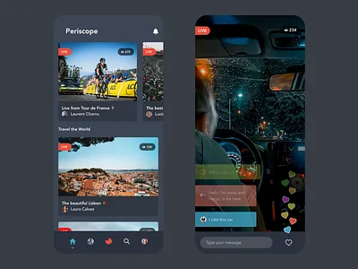 Periscope App Redesign app app design beautiful clean dark design free live live chat livestream minimal periscope prototype redesign social social media social media design twitter ui video