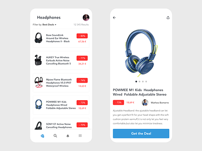 Deals app app design clean deal deals design discount card disount free headphone headphones minimal prototype redesign shop shopify shopping shopping app ui vector