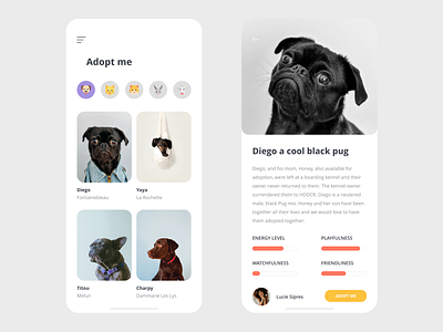 Pets Adoption App adobe xd app app design beautiful clean design dog flat illustration minimal pets prototype ui userinterface ux white xd