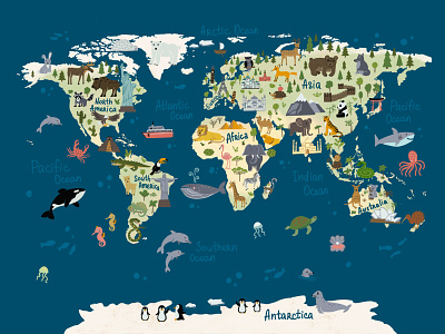 Animal World Map Poster animal world map children map drawing map illustrated map illustration map poster procreate world map