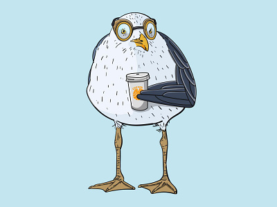 Tough seagull with cup of coffee