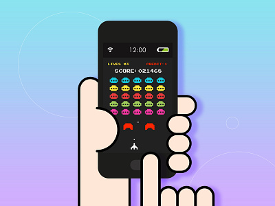 Playing mobile games on smartphone 8 bit app app design device flat game app gaming graphic design handheld illustration mobile phone retro space invaders tech technology typography ui vector