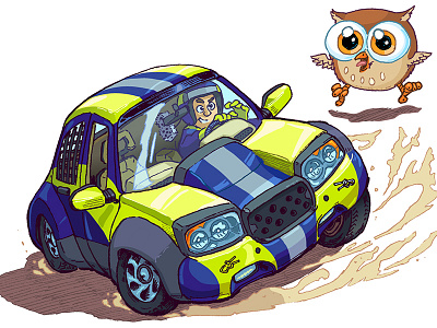 Cartoon Rally Car and Cute Owl Sketchbook Page