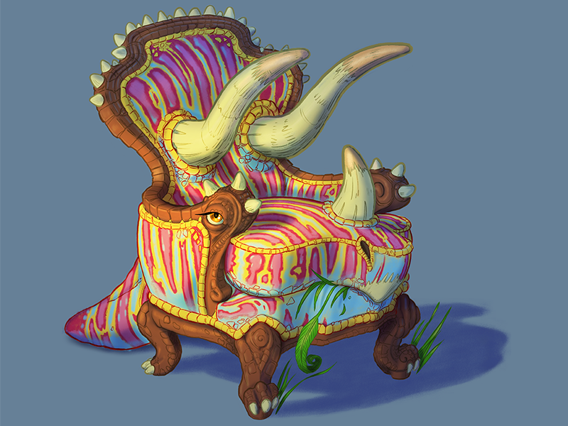 Trichairatops whimsical fantasy cartoon procreate ipad drawing illustration furniture chair dinosaur triceratops
