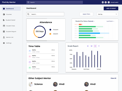 Dashboard Coaching Student/ Mentor/ Teacher coaching classes software coaching ui design dailyui dashboard dashboard design dashboard template dashboard ui figma figma design figmadesign find my mentor ui design find my mentor ui design flow and chart present illustration interfacedesign management student record mobile design student app