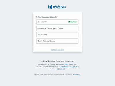 AWeber Account Selector accounts login page login screen ui ux web app