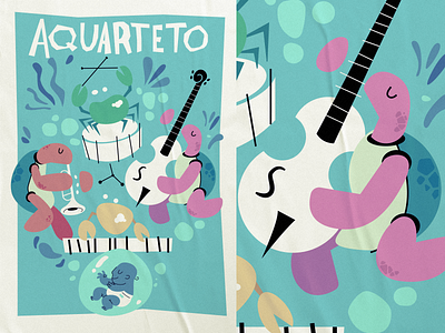 Aquartet animals band design flat icon illustration jazz minimal ocean poster underwater vector
