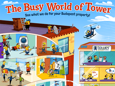 The Busy World of Tower poster illustration cartoon city colorful helicopter illustration illustrator poster sky vector