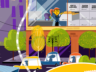 Tower International Poster detail 2 automobiles cars cartoon city city street colorful illustration illustrator poster trees vector