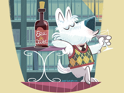 Eau De Toilet argyle cartoon dog drinking high society humor vector