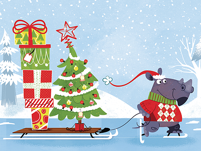 Christmas Rhino card christmas christmas tree holidays illustration vector winter