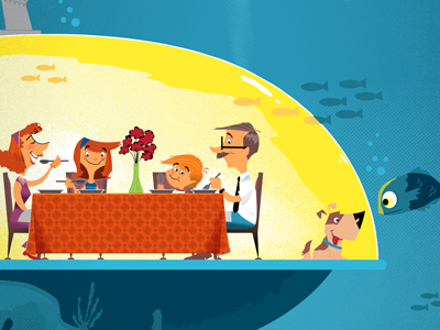 Home Of Tomorrow blue cartoon dog family dinner fish illustration illustrator retro sea water