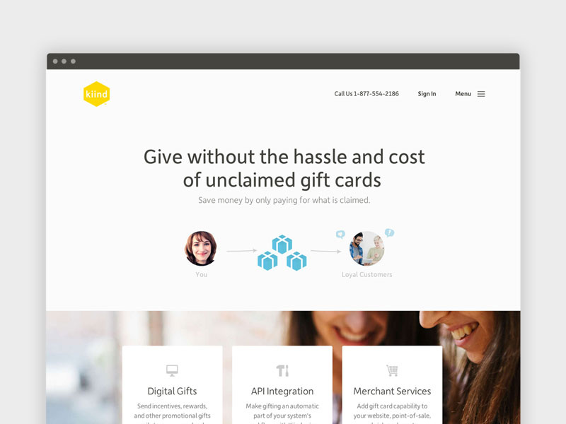 Home page - gift cards app ui app blue homepage gift website flat minimal simple avatars responsive landing page