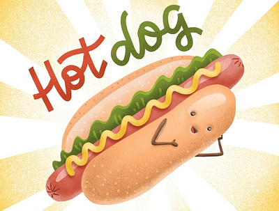 Hot dog character for ad adobe characters cute design fastfood flatdesign hot dog illustration illustration art lettering procreate texture textured