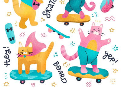 Funny skater cats! cat character characters child childhood cute illustration procreate set skate skateboard skater texture textured