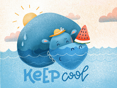 Children's print - Hippo cooled by watermelon characters child hand drawn hippo hot illustration keep cool lettering procreate summer texture textured water watermelon