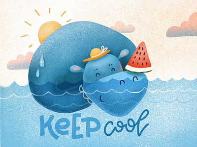 Children's print - Hippo cooled by watermelon characters child hand drawn hippo hot illustration keep cool lettering procreate summer texture textured water watermelon