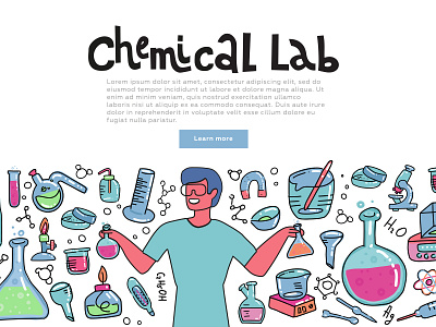 Banner with doodle illustrations of chemical laboratory items