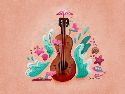 Textured illustration of Female guitarists playing beach design guitar illustration illustration art music procreate sea summer textures