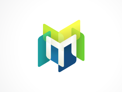 Logo "M" icon blue branding green identity letter logo multi color screens transparency yellow