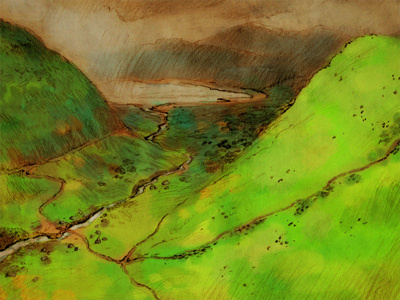 Through the valley green illustration landscape pencil photoshop valley