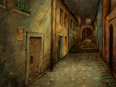And down a dark alley illustration night old scene street warm