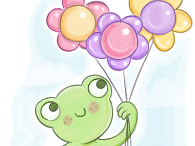 Frog with flower ballons childrens illustration illustration watercolor. digital