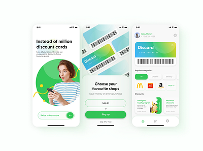 Discount card app adaptive app application brand branding card design discount icon illustration logo mobile onboarding shopping typography ui ux vector web