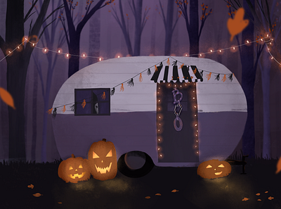 Creepy Camper camper camping digital illustration fall forest ghost halloween hand lettering illustration jack o lantern procreate pumpkin spooky