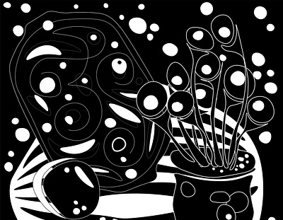 Still life vase with flowers graphics artist black black and white design fantasy grafica illustration style vector white