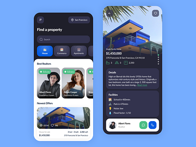 Real Estate app, platform for renting houses 🏘 black background bright buttons dark background dark blue mobile app real estate realtor rent rental app ui