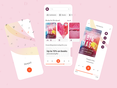 Storytel Redesign audiobook books e book fancy letter pattern letters pink pink interface player podcast splash screen