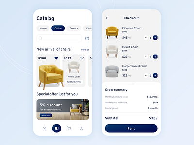 Installments for furniture app catalog chair contrast dark blue design ecommerce furniture home page item page marketplace mobile online online store rent shopping store ui ux