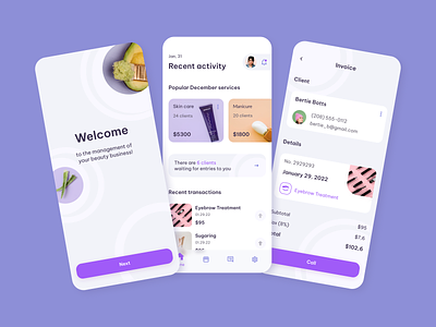 Business management for the beauty industry 💄 beauty beauty clients beauty service beauty style eyebrow invoice mobile invoice page management payment activity purchase purple design splash screen