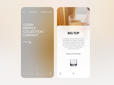 Nude Glass - Menu, Product Detail background blur blur clean collection glass interface login menu minimal mobile mobile app nude glass product product detail save search sedef sedef dilek ui ux